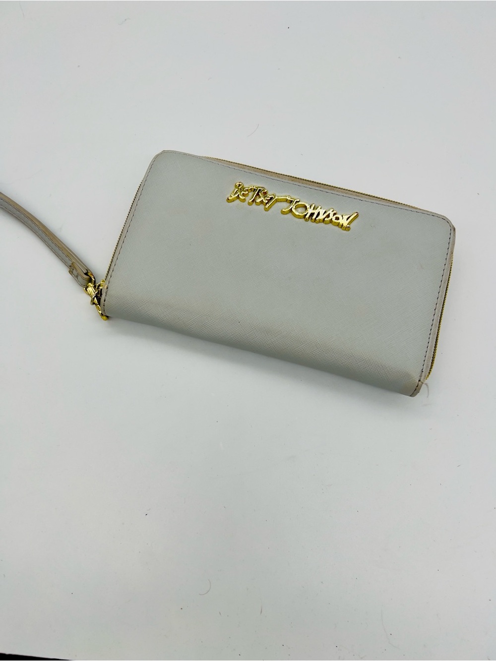 Betsey Johnson Light Gray Zip-Around Wristlet with Gold Logo